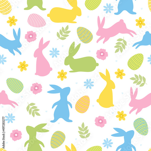 Easter seamless pattern. Colorful rabbits, flowers and leaves on a white background.