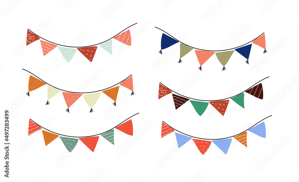 Obraz premium Set of hand drawn Carnival garland with flags. Festive multicolored triangle for holiday design