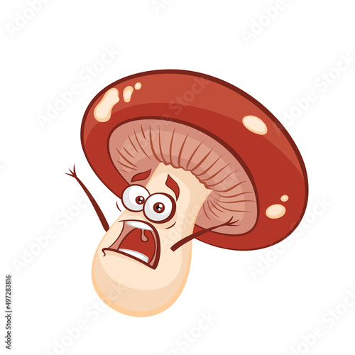 Cartoon scared mushroom fly agaric vector illustration. Funny character with hands up, big eyes and mouth open wide. Fly red mushroom, white buttons print Toxic fairy symbol children colouring book
