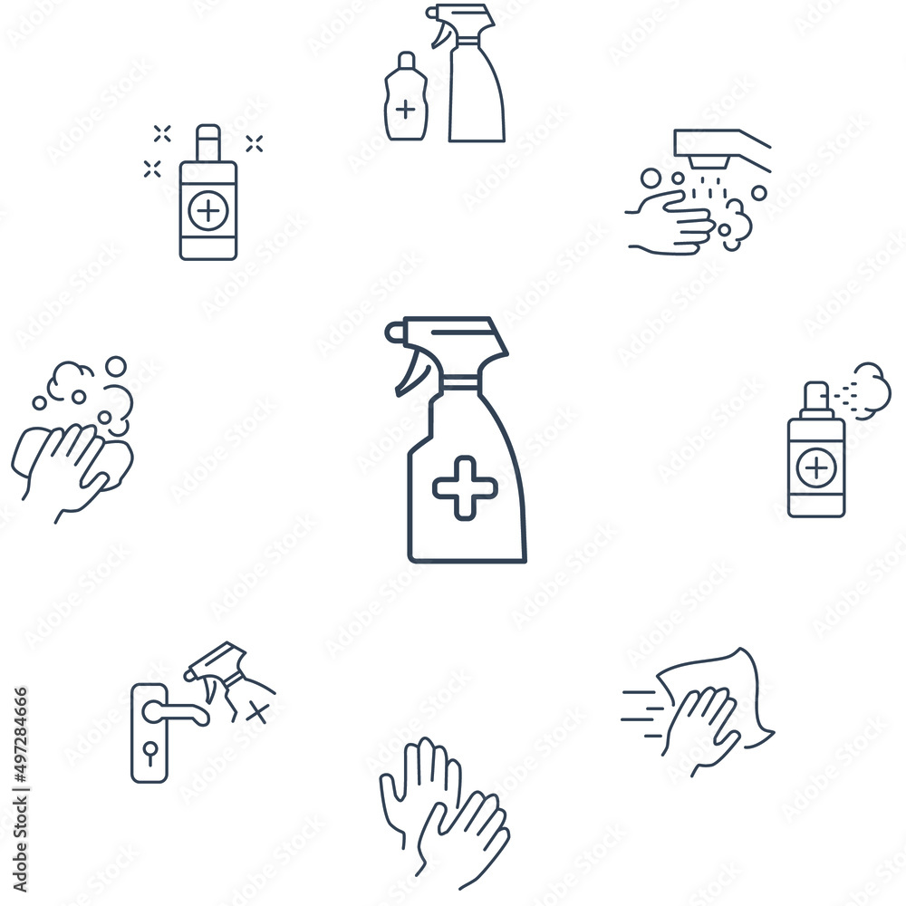 Disinfection and cleaning icons set . Disinfection and cleaning pack symbol vector elements for infographic web Disinfection and cleaning icons set . Disinfection and cleaning pack symbol vector elements for infographic web