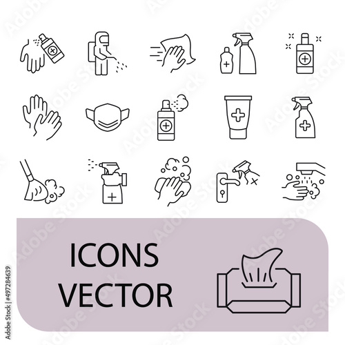 Disinfection and cleaning icons set . Disinfection and cleaning pack symbol vector elements for infographic web