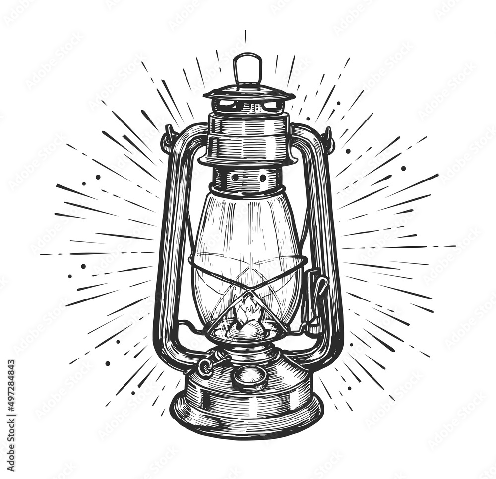 Vintage glowing lantern hand drawing engraving style. Kerosene lamp sketch  vector illustration vector de Stock | Adobe Stock