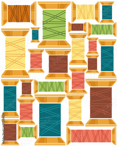 Spools of thread seamless pattern, wooden spools