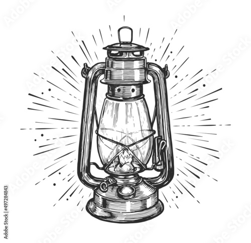 Vintage glowing lantern hand drawing engraving style. Kerosene lamp sketch vector illustration photo
