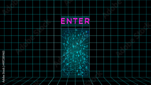 Enter or door to metaverse concept. Metaphor for entering metaverse space. VR concept, sci-fi room blue light squares shapes. Web 3.0 representation. 3d render photo