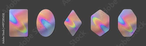 Holographic rainbow foil sticker realistic textured mockups. Authenticity blank emblem or official holography label. Vector neon guarantee certification metallic icon. Quality badge template