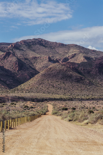 Vertical photo of a road in the desert in Cabo de Gata National Park, Almeria, Spain.