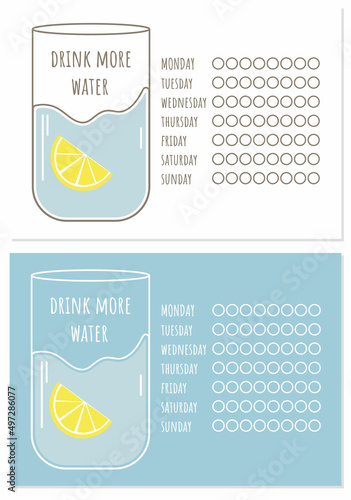Water drinking habit tracker with days of the week. Vector illustration. A glass with a slice of lemon in a flat style. Ideal for print, diary, banner, poster, social media.