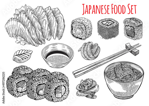 Set of japanese food isolated vector hand drawn illustrations. Sashimi, sushi rolls, maki, chukka, soy sauce, ginger, wasabi, chopsticks.