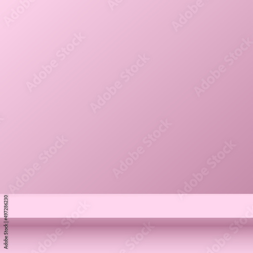 Abstract minimal scene with geometric forms. Pink podium in pink background for product presentation. Vector