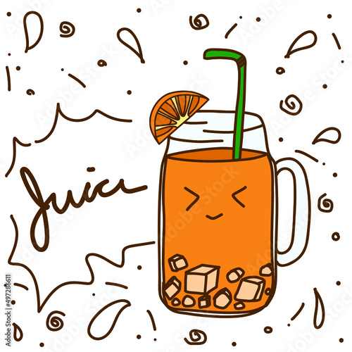 Hand drawn doodle vector illustration of cute a glass of juice with happy face isolated on white background.