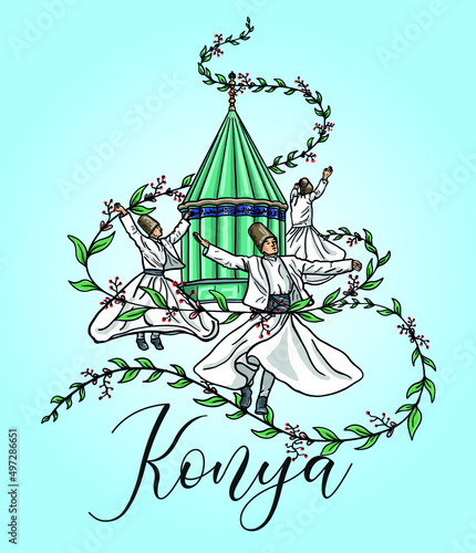 Konya, Turkey - Mevlana museum, whirling dervish, sufi dance, leaf ornament, Whirling dervish vector illustration