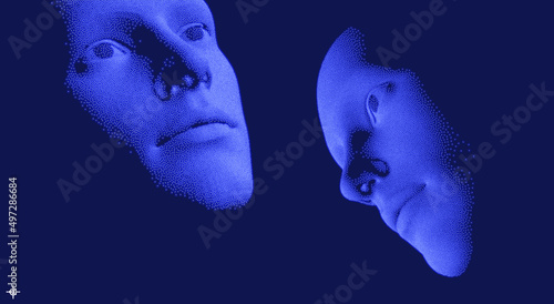 Network forming AI human face. Technology and robotics concept. Anonymous social masking. Dialogue, contact, conversational exchange between two individuals. Cyber security vector illustration.