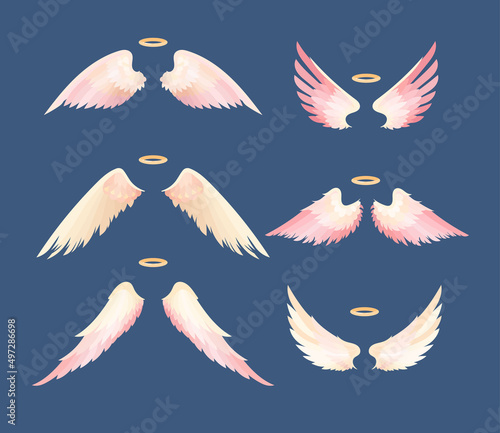 White angel wings and halo flat vector illustrations set. Collection of cartoon drawings with cute wings and gold nimbus isolated on blue background. Love, heaven, religion, freedom concept