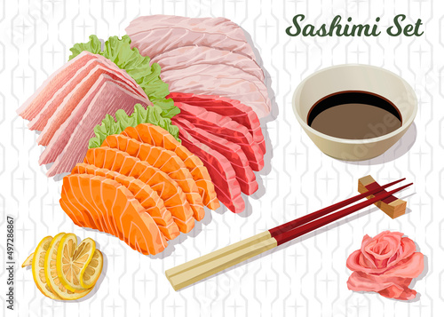 Set of assorted sashimi, chopsticks, soy sauce, pink ginger and lemon. Isolated vector illustration.