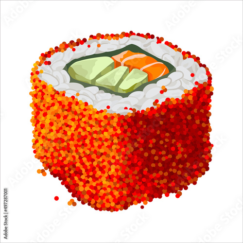 Sushi roll with red masago, cucumber and salmon. Isolated vector illustration.