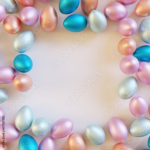 Border from colorful Easter eggs on white background. 3d render
