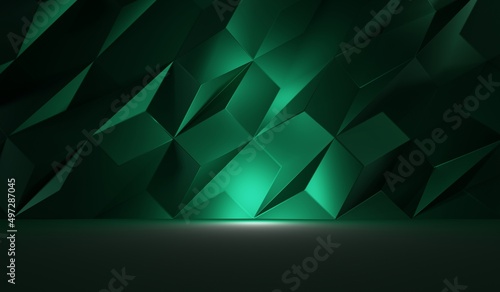 Emerald abstract exterior background. Geometric Wall. 3D Render