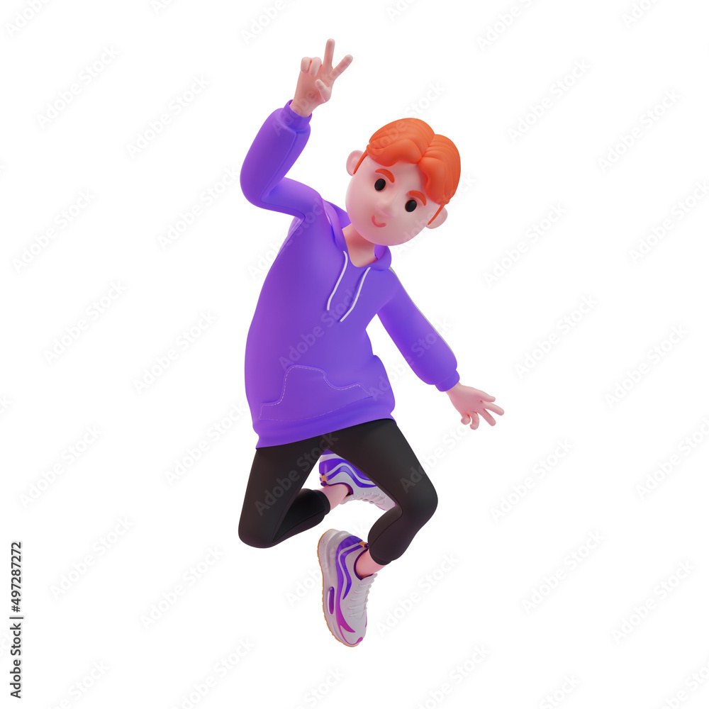 young boy shows peace sign. 3d character. 3d illustration