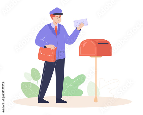 Postman cartoon character with letter next to mailbox. Postal worker in uniform flat vector illustration. Delivery, mail, correspondence concept for banner, website design or landing web page