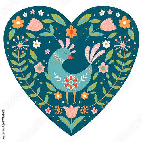 Folk art pattern with birds and flowers - Finnish inspired, Valentine's Day