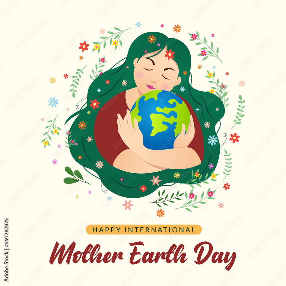 Fototapeta premium woman with a globe in her hands and the text happy mother earth day