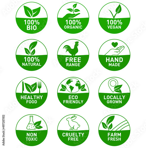 100% organic, 100% bio, vegan, natural, free-range, hand made, eco-friendly, healthy food, locally grown, cruelty-free, non-toxic, farm-fresh icon set vector illustration 