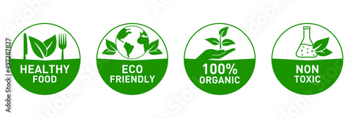 healthy food, eco friendly, 100% organic, nontoxic icon set vector illustration 