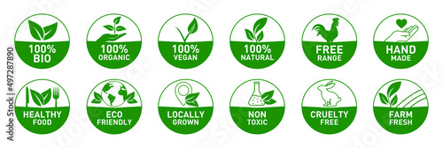 100% organic, 100% bio, vegan, natural, free-range, hand made, eco friendly, healthy food, locally grown, cruelty-free, non toxic, farm fresh icon set vector illustration 