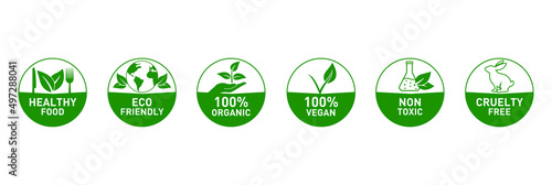 healthy food, eco friendly, organic food, vegan, nontoxic, cruelty-free icon set vector illustration 