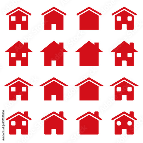 Red homes icons. Vector pictograms. Real estate or navigation bar home.