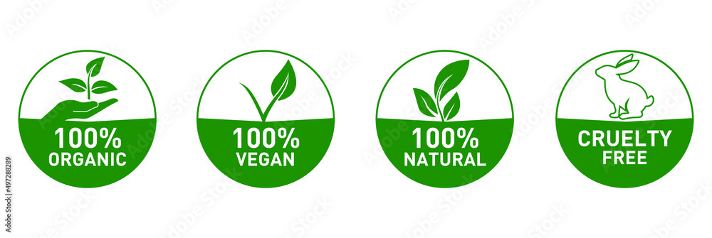 100% organic, 100% vegan, 100% natural, cruelty-free icon set vector illustration 100% organic, 100% vegan, 100% natural, cruelty-free icon set vector illustration
