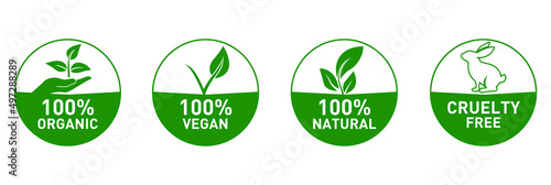 100% organic, 100% vegan, 100% natural, cruelty-free icon set vector illustration 