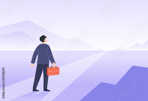 Back view of landscape with businessman and long way ahead. Business person and new career opportunities, straight road, bright future flat vector illustration. Motivation, challenge, goal concept