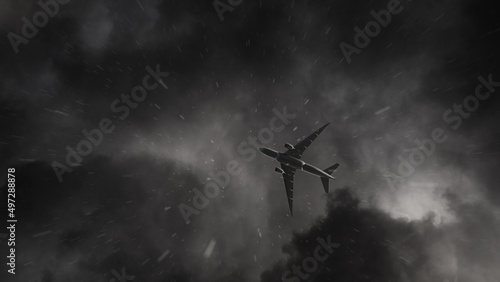 The plane flying in the rain.The plane flying under dark clouds on a rainy day.Aircraft Crushing Down Under a Lightning Storm and Rain
