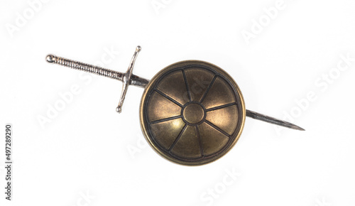 round shield and sword isolated on white background
