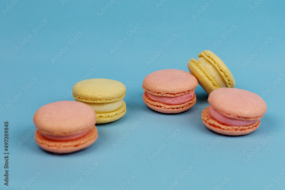 A close-up of a colorful almond cookie cake or pasta isolated in vintage pastel colors on a blue background with a space to copy. Small French pastries. A close-up of a colorful almond cookie cake or pasta isolated in vintage pastel colors on a blue background with a space to copy. Small French pastries.