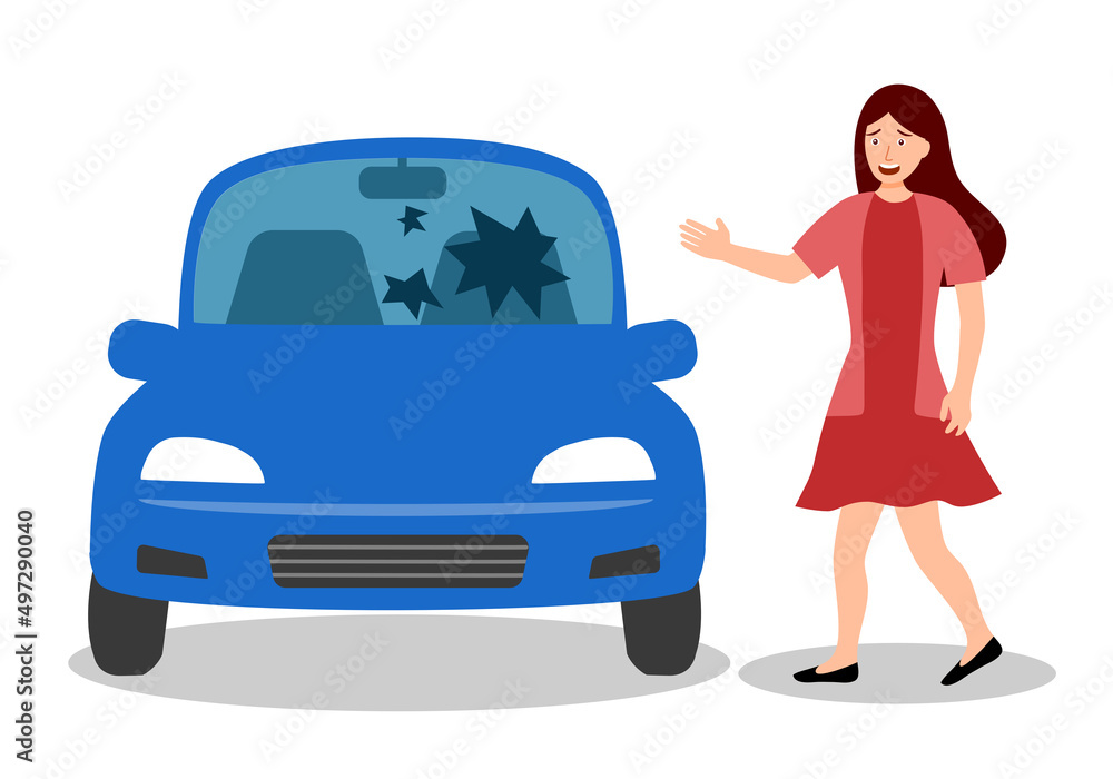 Broken car windshield with shocked upset driver in flat design on white background. Broken car windshield with shocked upset driver in flat design on white background.