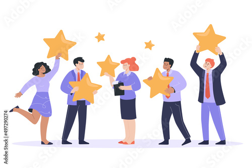 Satisfied customers holding stars in hands. Business people sharing experience, adults choosing best service or app flat vector illustration. Satisfaction rating concept for banner, website design