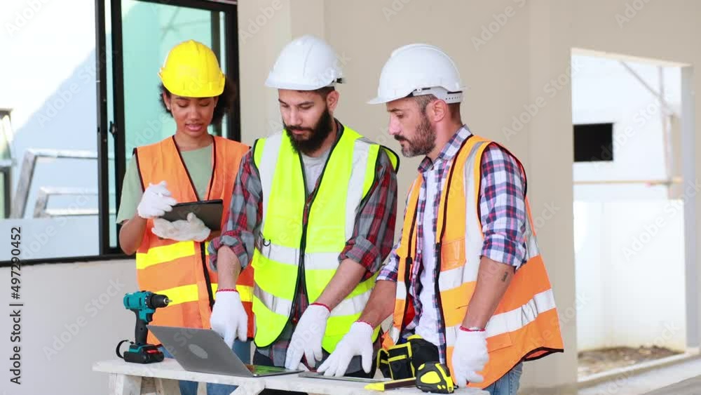 Professional Mechanical Engineer team wearing safety hard hat helmet working in manufacturing factory under construction site. Professional Mechanical Engineer team wearing safety hard hat helmet working in manufacturing factory under construction site.