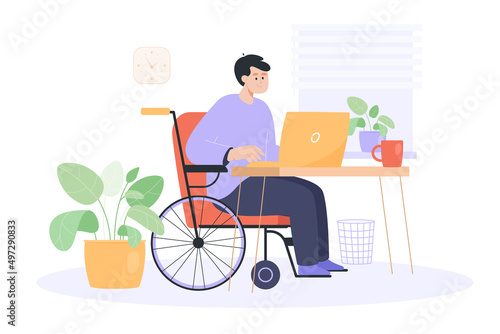 Smiling worker in wheelchair working at computer at workplace. Man with physical disability, home office flat vector illustration. Accessibility, remote work, occupation concept for banner