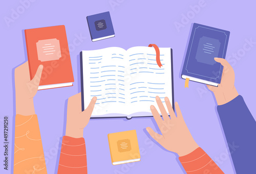 Top view of hands holding different books. People learning or studying at library flat vector illustration. Education, knowledge concept for banner, website design or landing web page