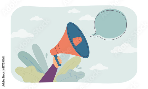 Hand holding loudspeaker flat vector illustration. Man with megaphone or voice horn announcing important message or information. Advertisement concept for banner, website design or landing web page