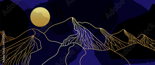 Abstract landscape mountain on dark background. Luxury line art wallpaper with hills in gold wave line. Elegant hand drawn mountains with golden texture for cover, banner, decoration, poster.