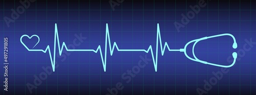 Stethoscope vector with ekg line design on blue monitor background. Healthcare symbol to use in health industry, cardiology, medical care, hospital, health science projects. 
