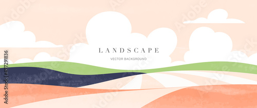 Abstract landscape background. Panorama view wallpaper in minimal style design with field, meadow, sky and cloud in pastel color. For prints, interiors, wall art, decoration, covers, and banners.