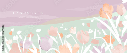 Abstract blossom garden background. Landscape wallpaper in minimal style design with flower, field in pastel color. Watercolor floral for prints, interiors, wall art, decoration, covers, and banners.