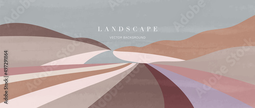 Abstract landscape background. Panorama view wallpaper in minimal style with field, meadow, road and mountain in earth tone color. For prints, interiors, wall art, decoration, covers, and banners.