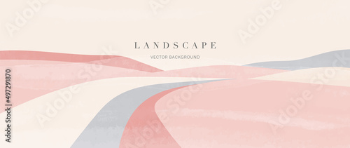 Abstract pink landscape background. Panorama view wallpaper in minimal style with hill, desert, sand in pastel color. For prints, interiors, wall art, decoration, covers, and banners.