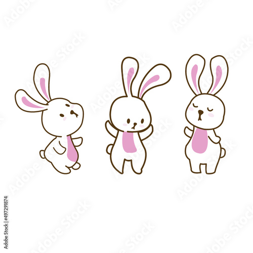 A set of bright pink bunny. Rabbit facial expression and gesture illustration.